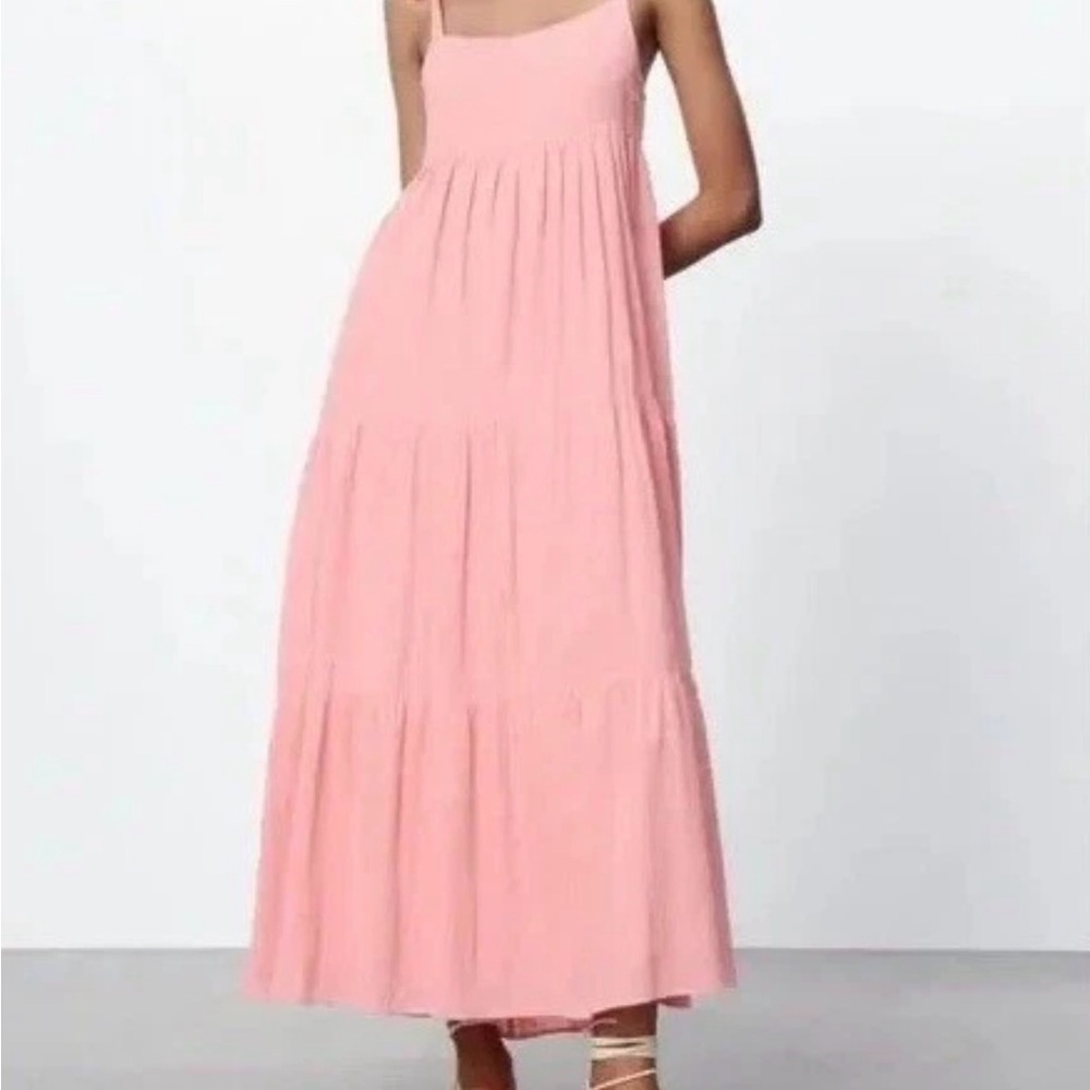 Zara tiered cotton midi dress in bubble gum pink with tie straps